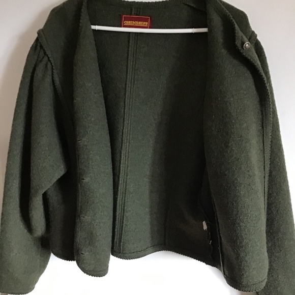 Geiger Women Pure Virgin Wool Cardigan Sweater Long Puff Sleeve Green Size L XL - Picture 6 of 8
